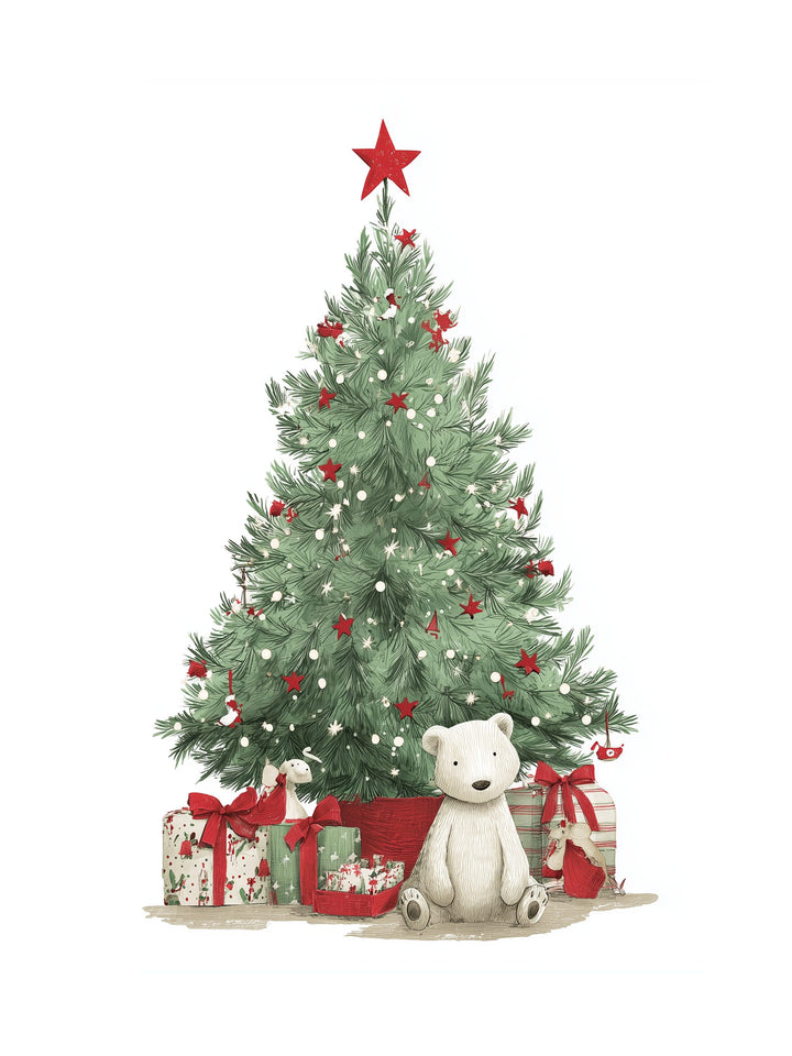 Decorated Christmas tree with presents and a teddy bear on a white background