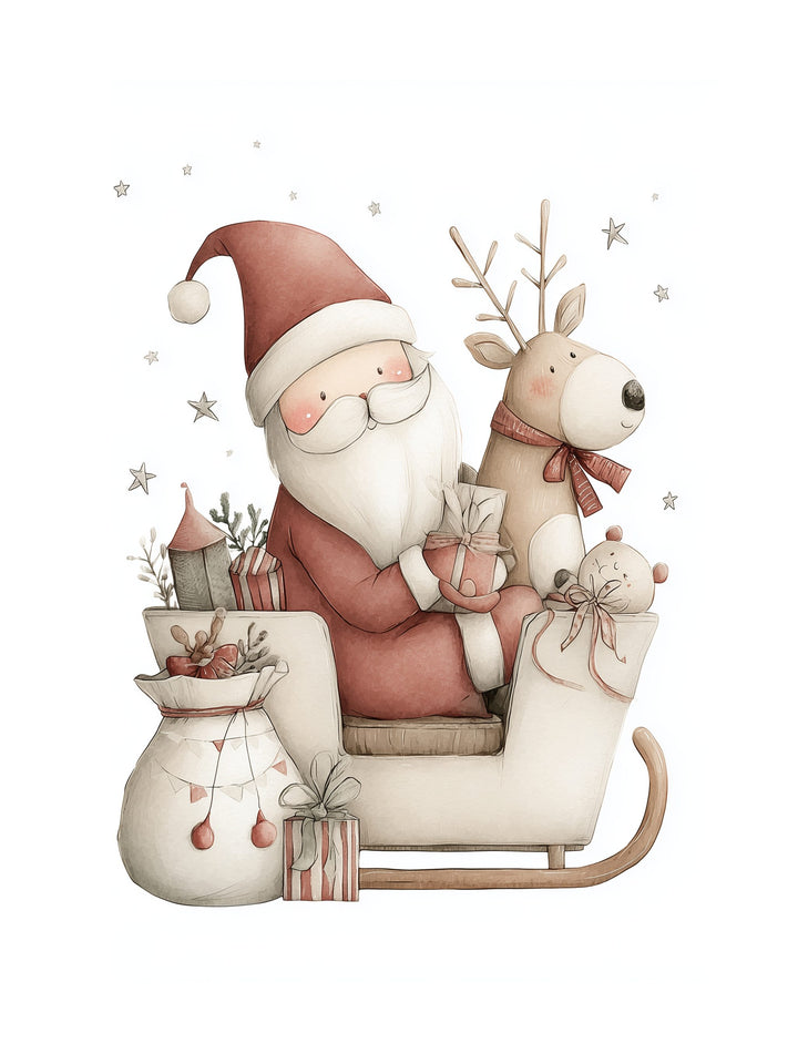 Cartoon Santa Claus sitting on a sleigh with a reindeer, surrounded by Christmas decorations on a white background.