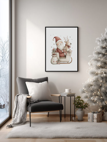 Framed artwork of Santa Claus on a sleigh with reindeer above a gray armchair in a room with a Christmas tree.