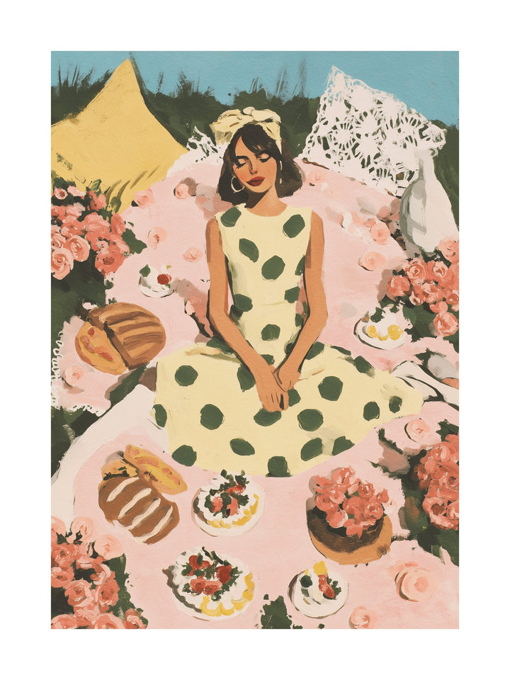 Poster of couple hugging next to yellow VW van in a flower field