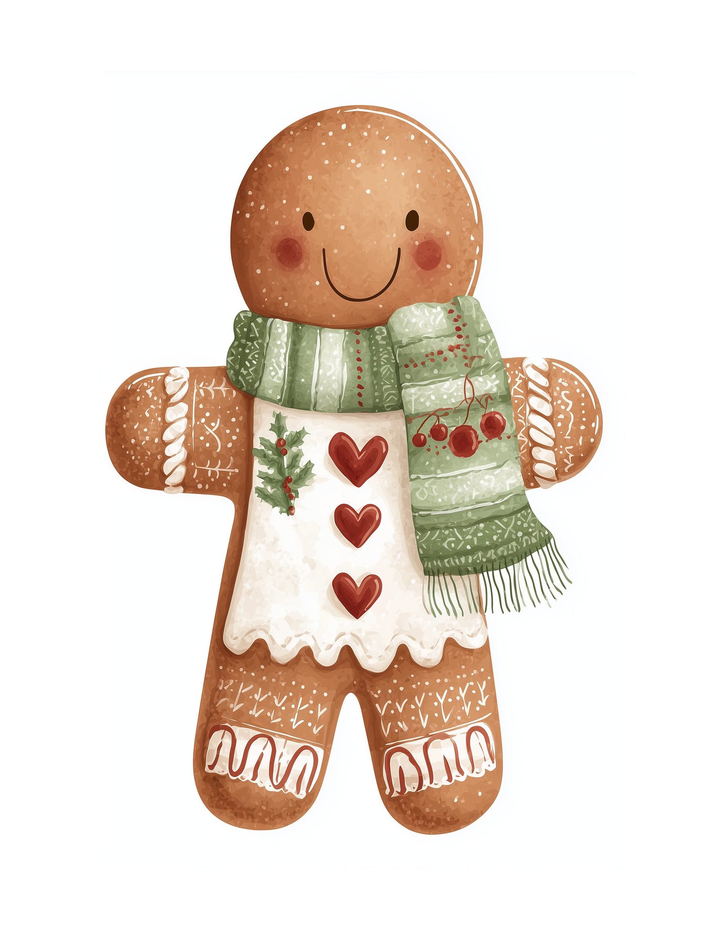 Gingerbread man toy with a green scarf on a white background