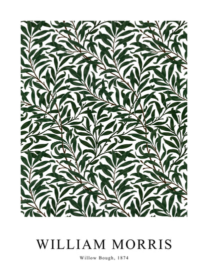 Poster of Willow Bough by William Morris in dark green, featuring dense leafy patterns.
