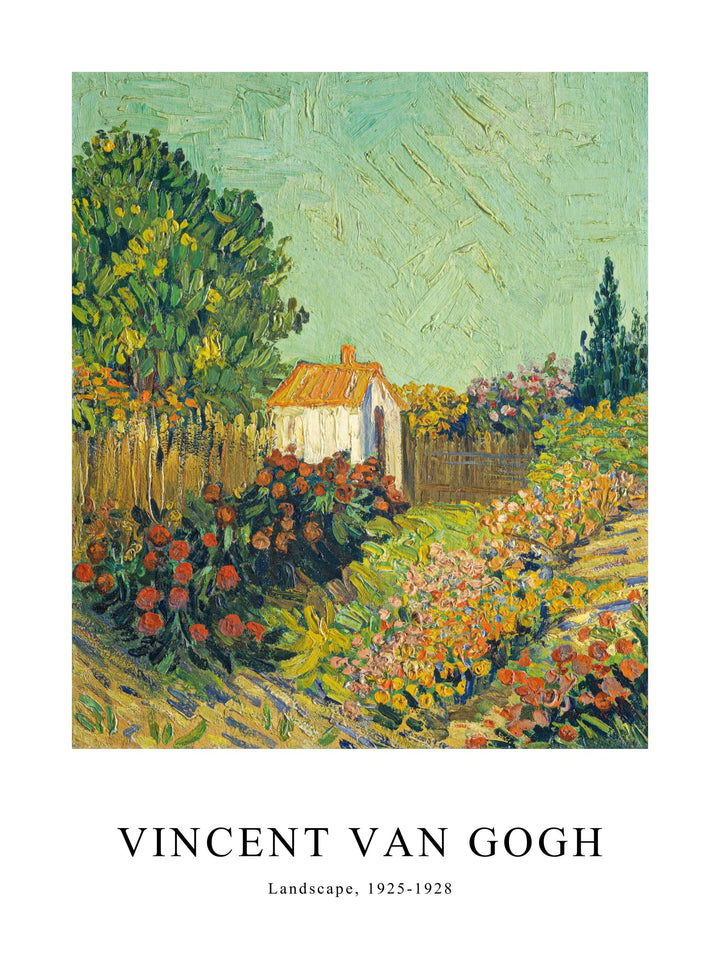 Poster of a countryside landscape with flowers and a house, inspired by Van Gogh's style.