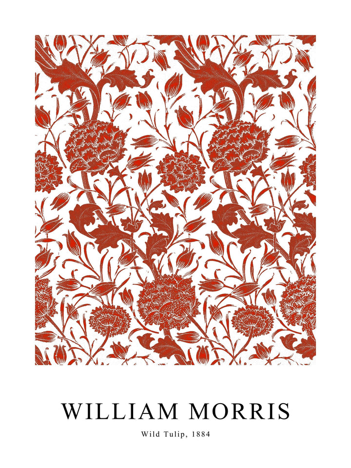 Rust red Wild Tulip poster by William Morris, showing classic floral detailing on a white background.