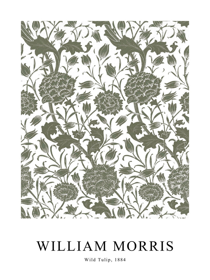 Olive green version of Wild Tulip poster by William Morris with intricate floral motifs.