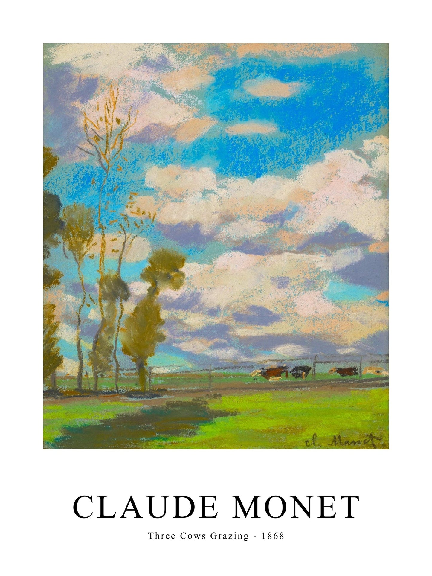 Three Cows Grazing poster by Monet showing a peaceful field scene with cows under a blue sky.