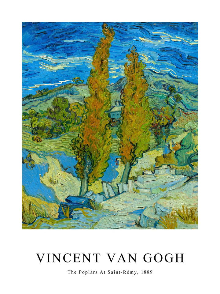 Poster of Van Gogh's The Poplars At Saint-Rémy, with tall trees and a dynamic sky.
