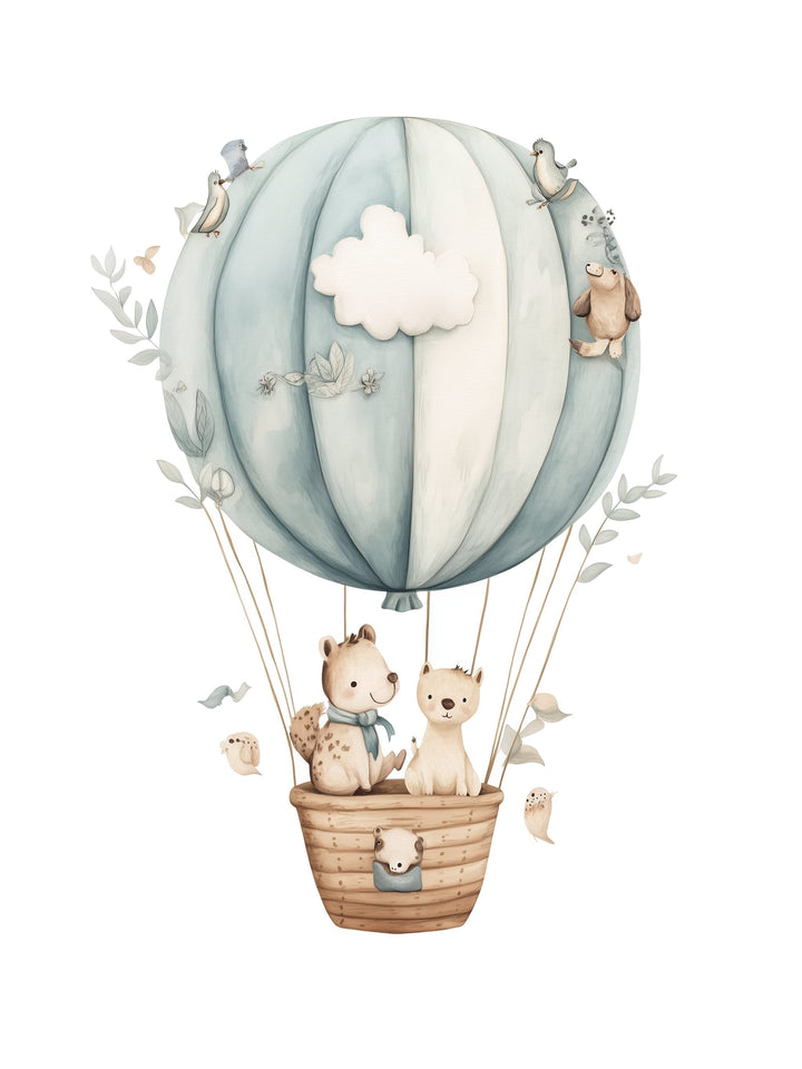blue hot air balloon animal kids wall art - playful poster for nursery or children's room