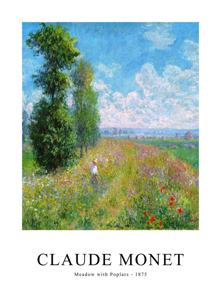 Meadow with Poplars poster by Claude Monet featuring a flower-filled field with tall trees and bright skies.