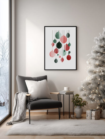 Framed abstract art print on a wall with a Christmas tree and chair in the background