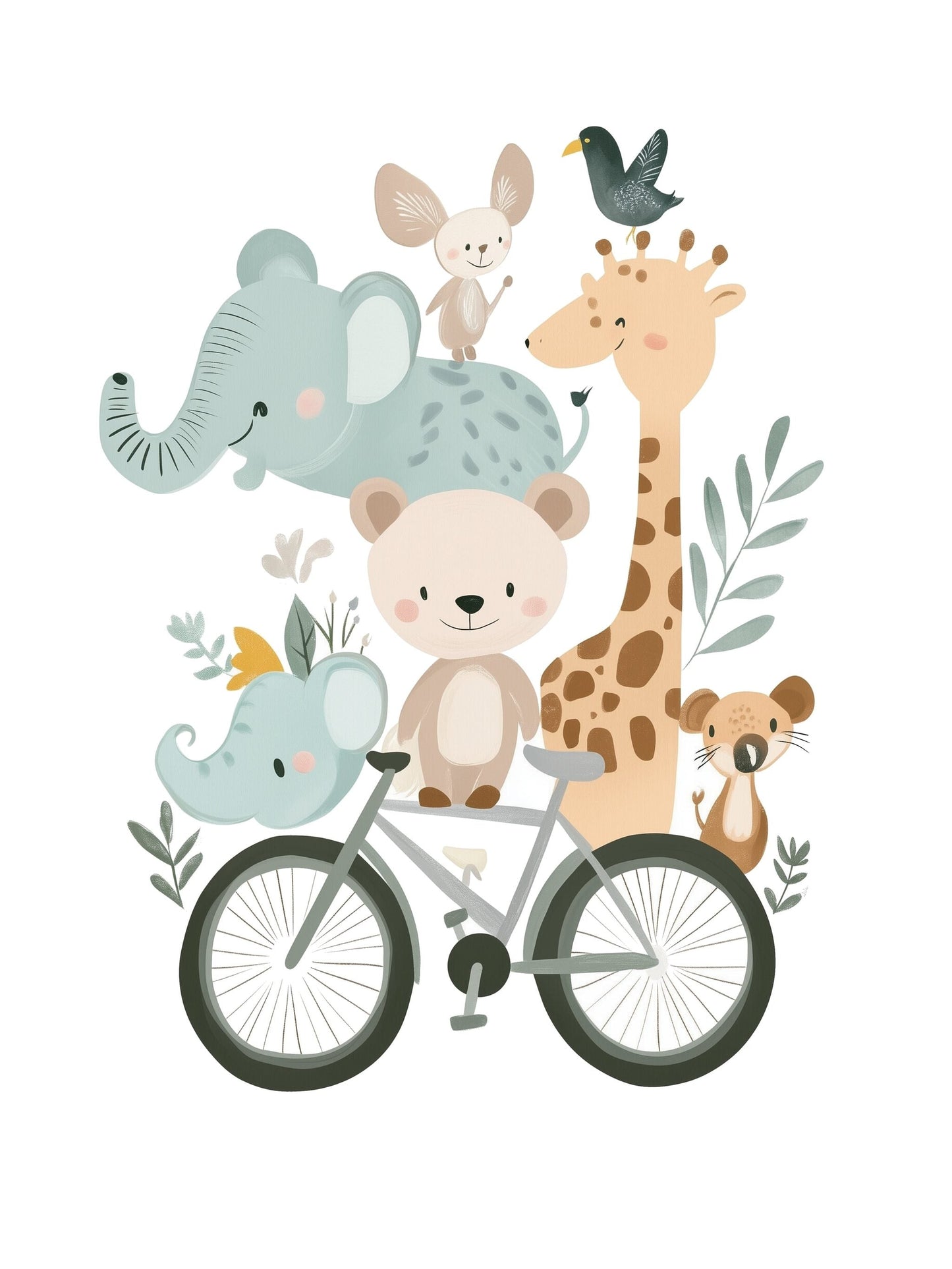 bicycle animal friends kids wall art - playful poster for nursery or children's room