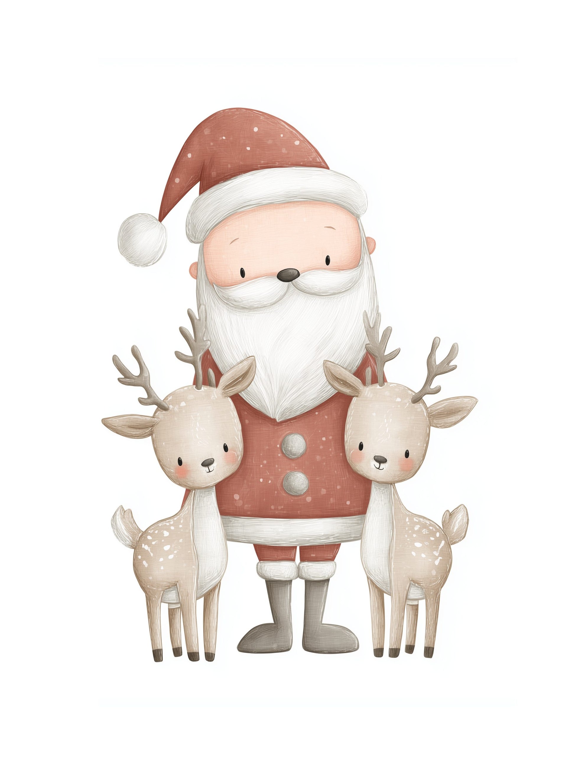 Cartoon Santa Claus with two deer on a white background