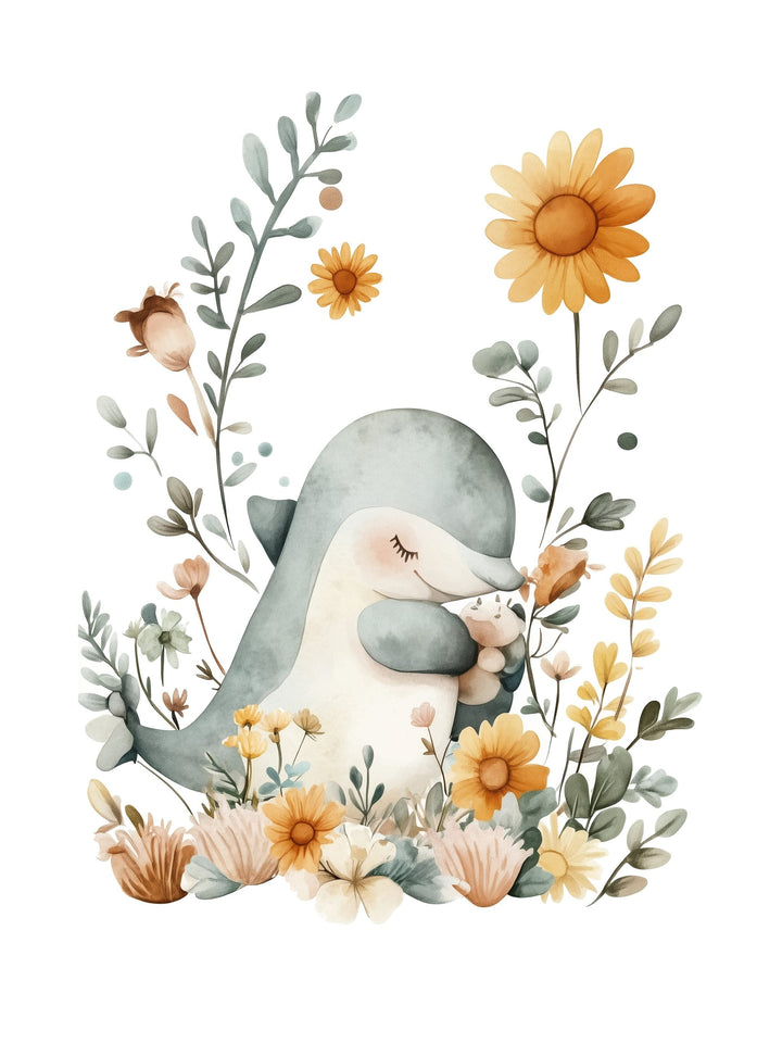 dolphin hug kids wall art - playful poster for nursery or children's room