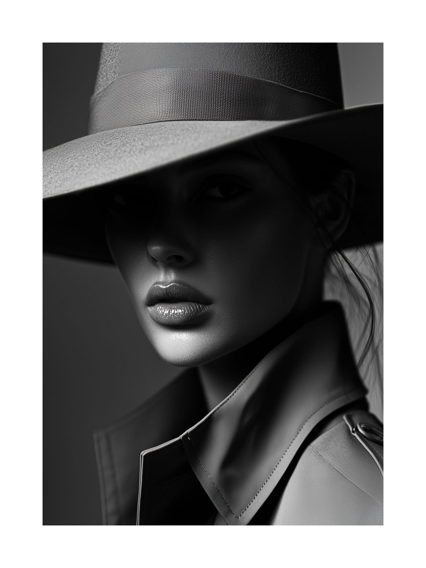 Studio black and white portrait of woman in hat and trench coat