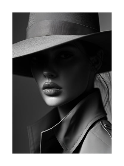 Studio black and white portrait of woman in hat and trench coat