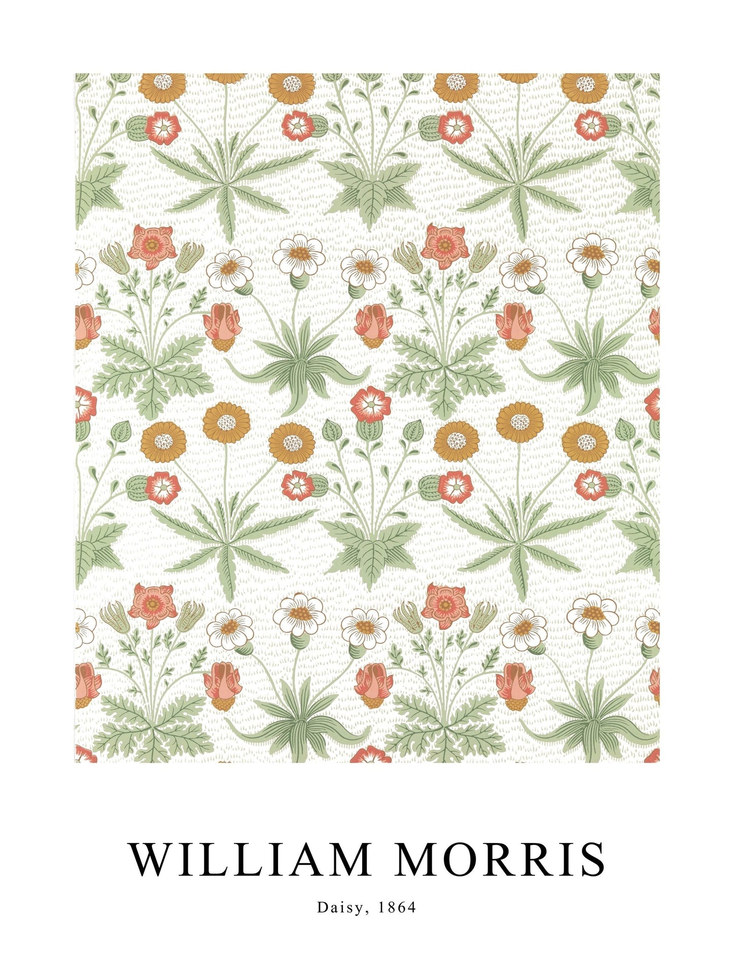 Poster of Daisy by William Morris, with colorful and symmetrical wildflower arrangements.