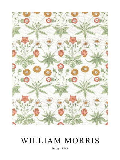 Poster of Daisy by William Morris, with colorful and symmetrical wildflower arrangements.