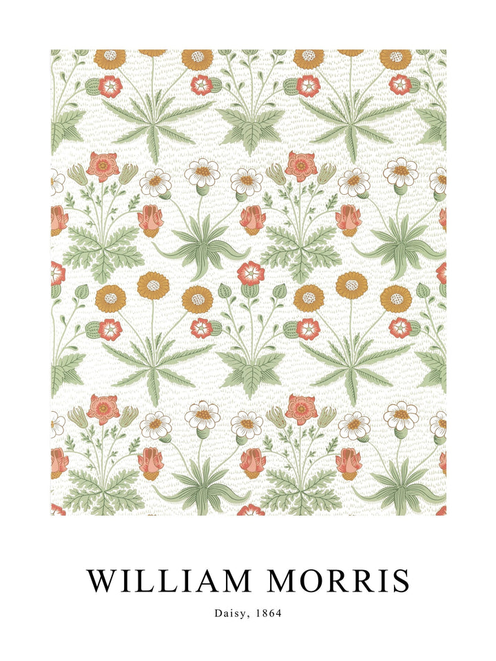 Poster of Daisy by William Morris, with colorful and symmetrical wildflower arrangements.