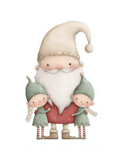 Cartoon Santa Claus holding a heart with two elves on a white background