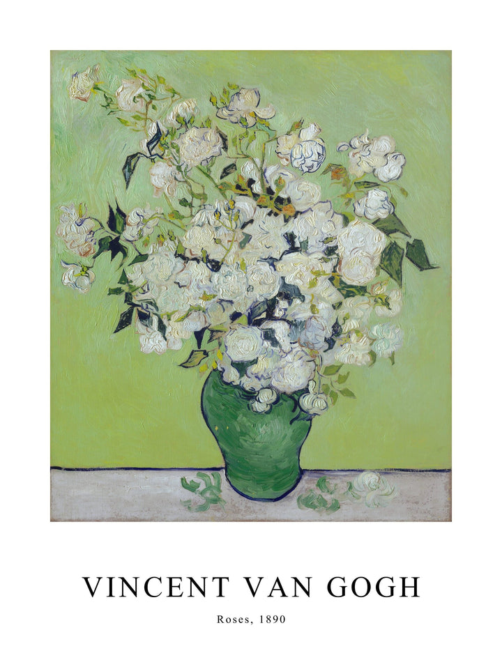 Poster of Van Gogh's Roses, with a bouquet of white roses in a green vase on a table.