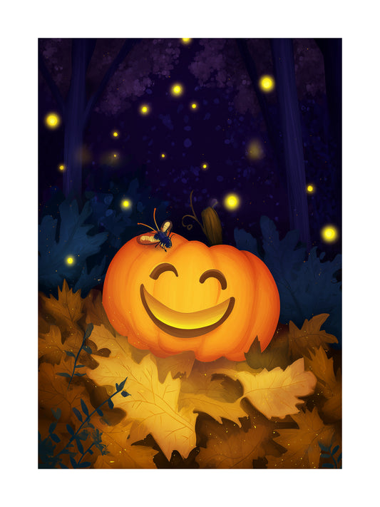 Halloween poster of a glowing smiling pumpkin surrounded by autumn leaves and fireflies