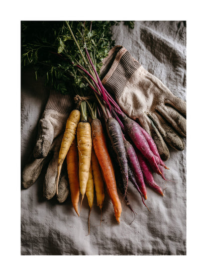 Rustic poster of freshly harvested carrots and beets on a farmhouse table