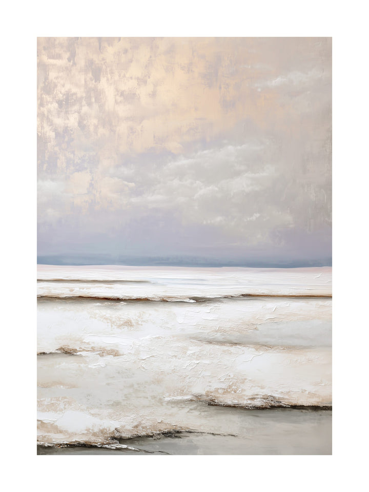 Textured abstract painting of a snowy horizon in beige and white tones.
