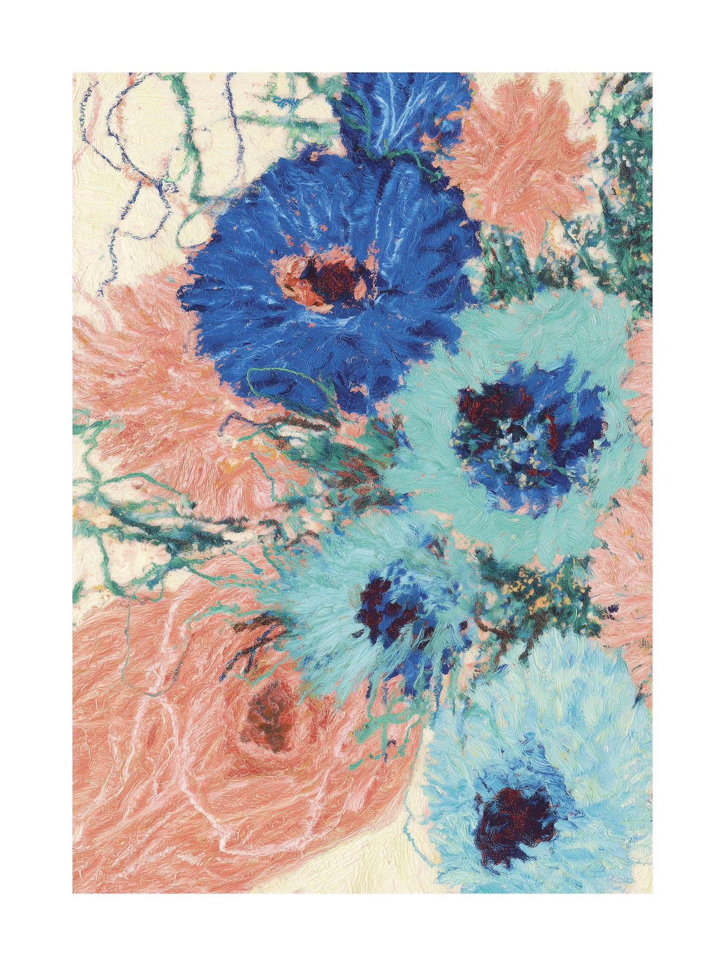 Blue and peach floral artwork with textured paint strokes