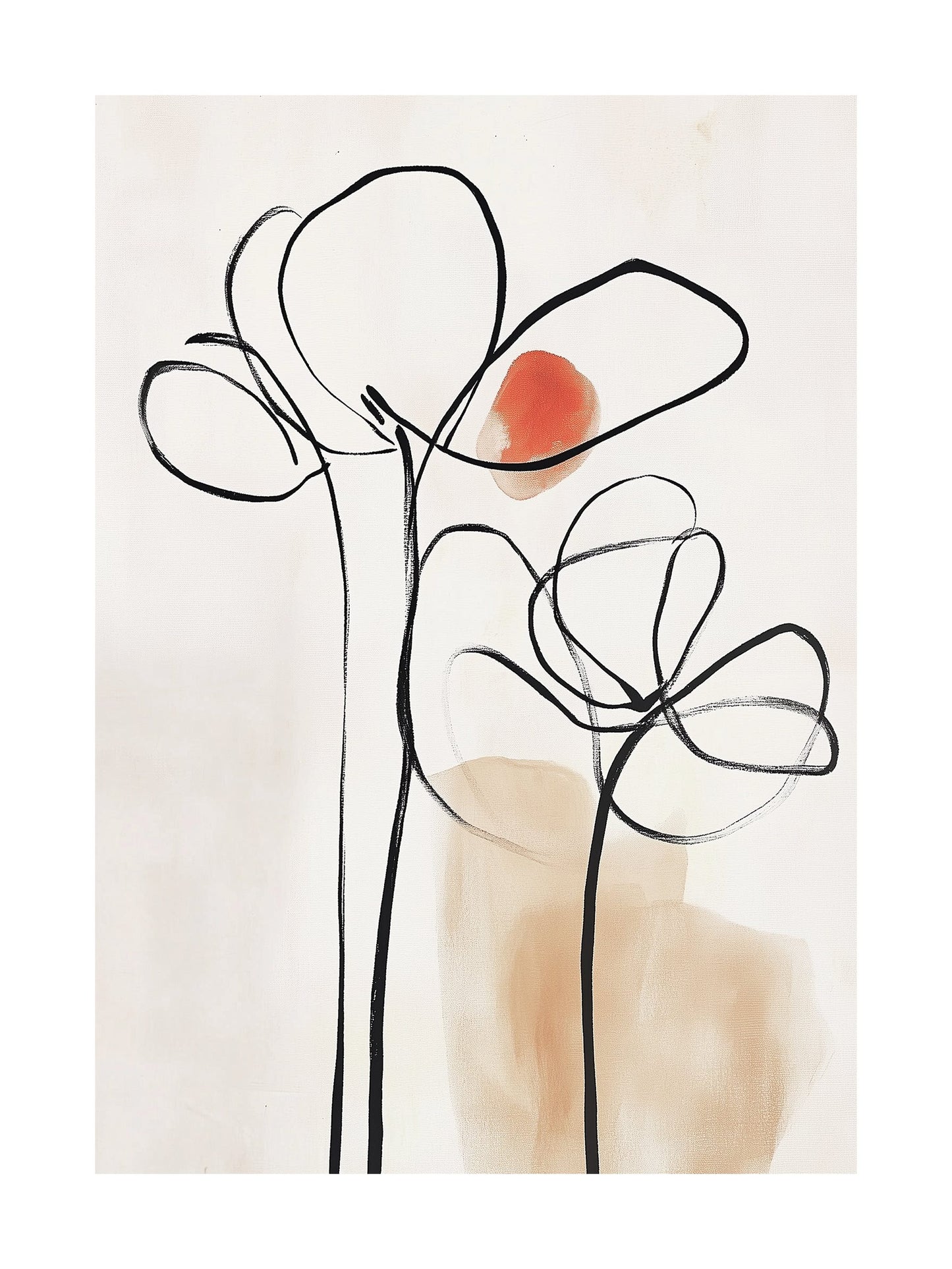 Matisse-style floral line art poster in orange, red, and neutral tones.