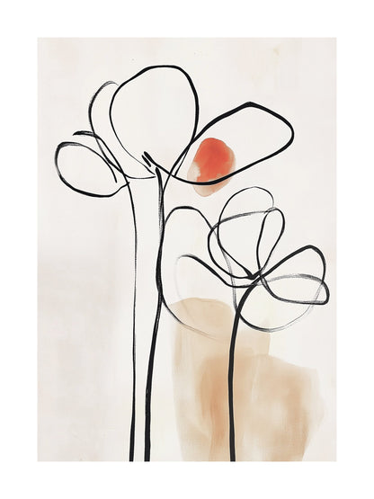 Matisse-style floral line art poster in orange, red, and neutral tones.