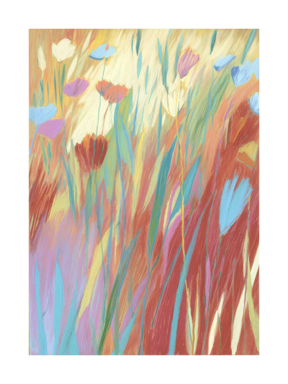 Wildflowers swaying in a sunlit meadow in warm colors