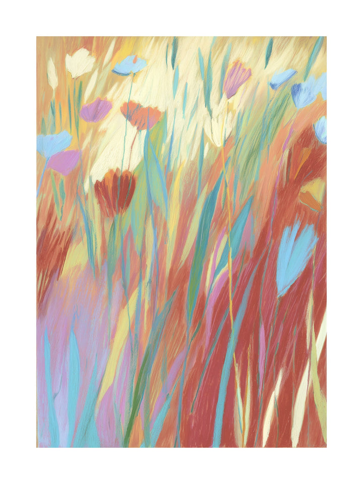 Wildflowers swaying in a sunlit meadow in warm colors