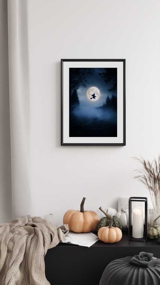 Witch Flying Across Full Moon Poster