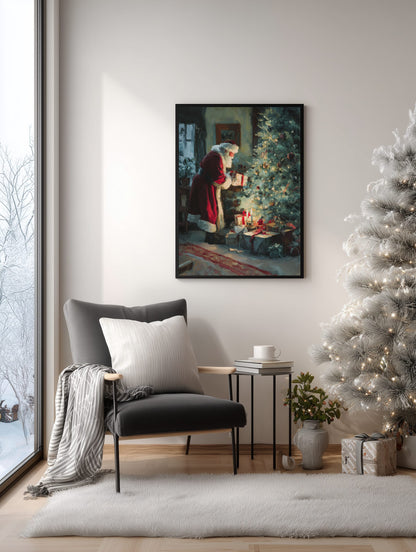 Santa by the Christmas Tree Poster
