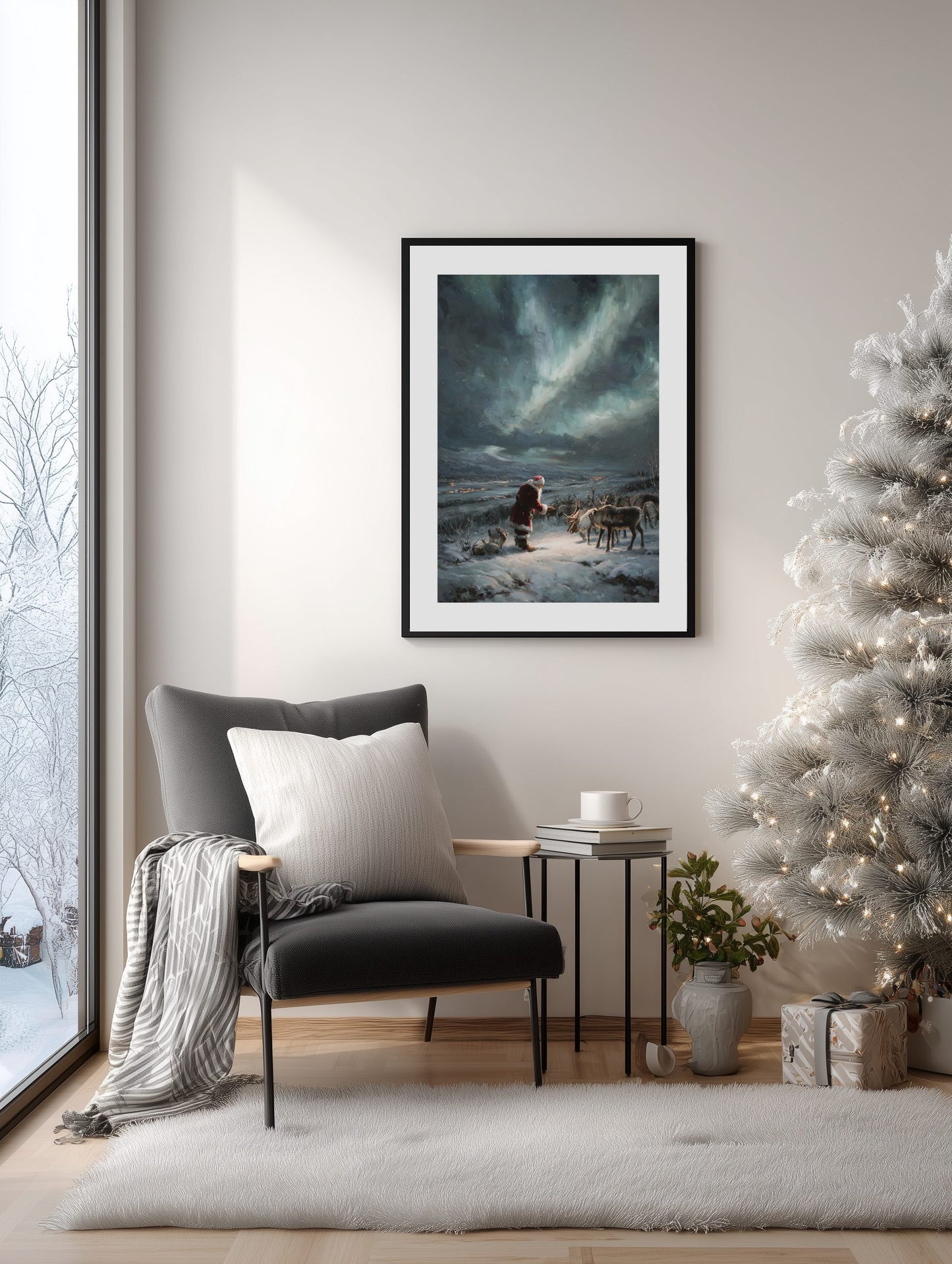 Santa and Reindeer Under Northern Lights Poster