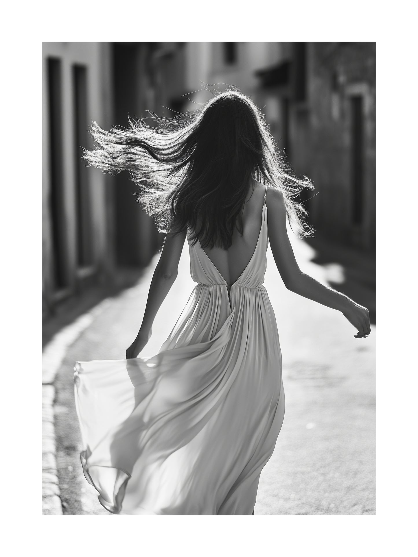 Woman walking in city with flowing dress – monochrome movement poster