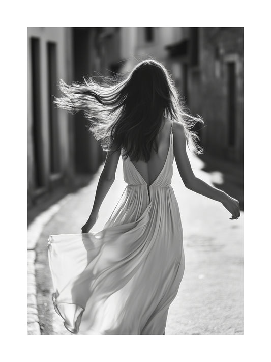 Woman walking in city with flowing dress – monochrome movement poster
