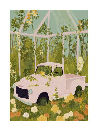 Poster of a pink vintage pickup truck surrounded by yellow roses inside a greenhouse