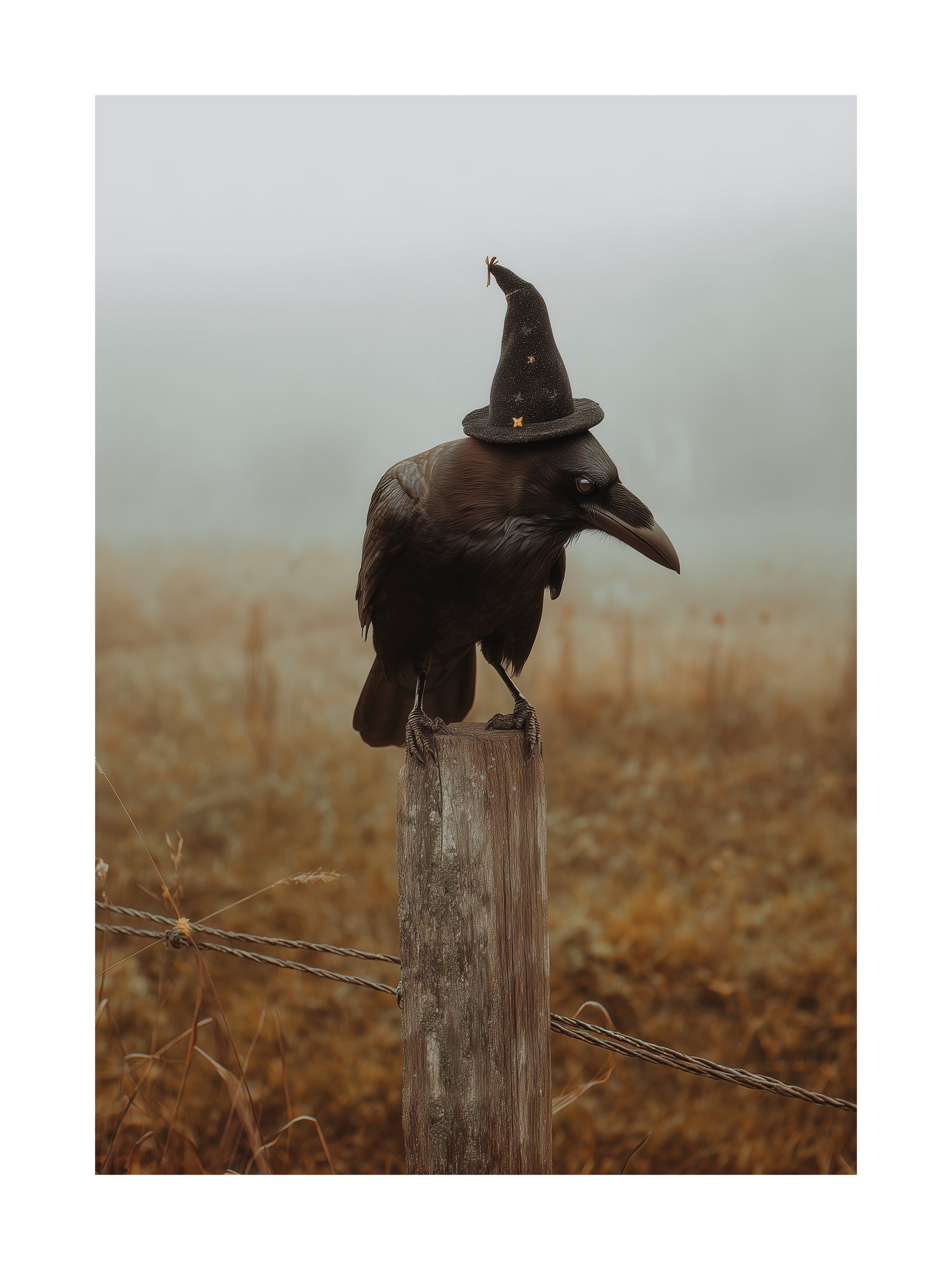 Poster of a raven in a witch hat sitting on a fence in the fog