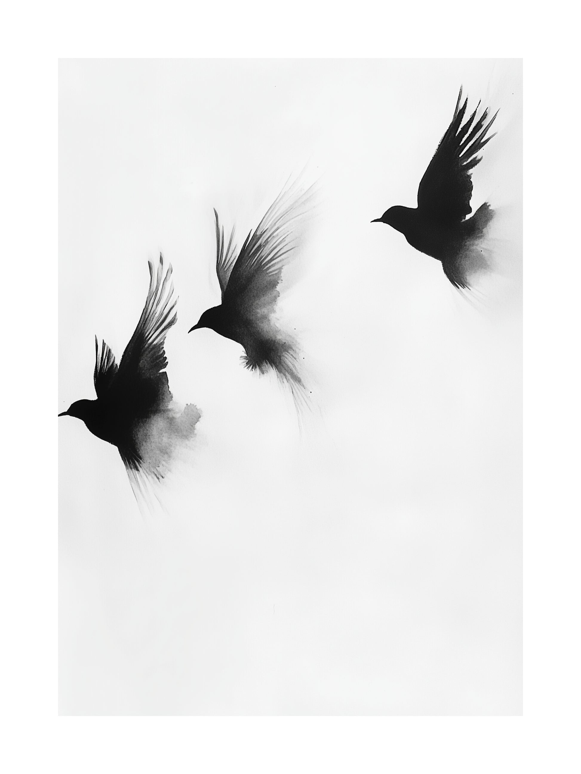 Black ink-style birds flying on white background – minimalist flight poster