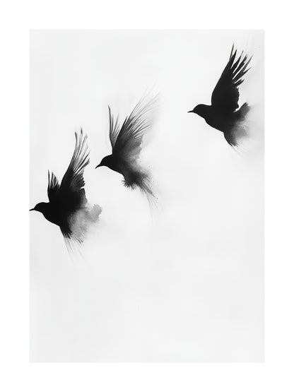 Black ink-style birds flying on white background – minimalist flight poster