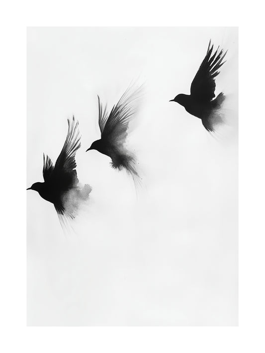 Black ink-style birds flying on white background – minimalist flight poster