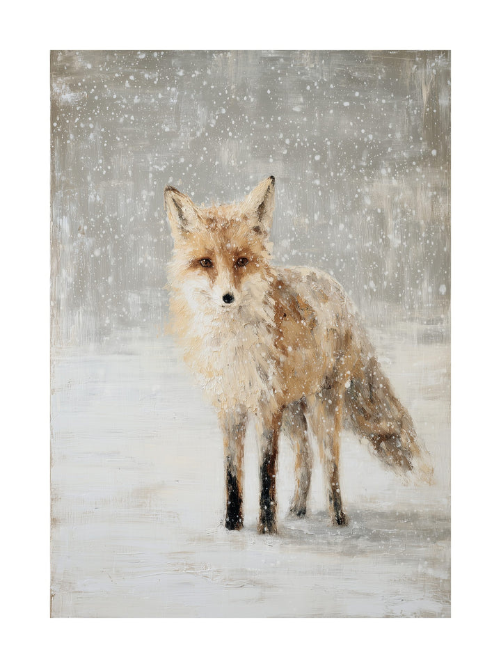 Painting of a fox in falling snow on a neutral grey background.