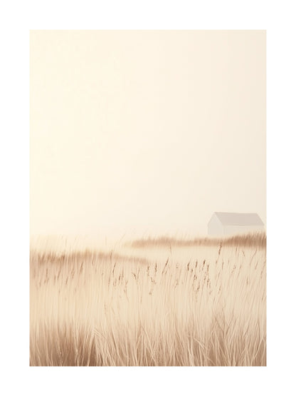 White cabin surrounded by misty golden reed fields in Falsterbo