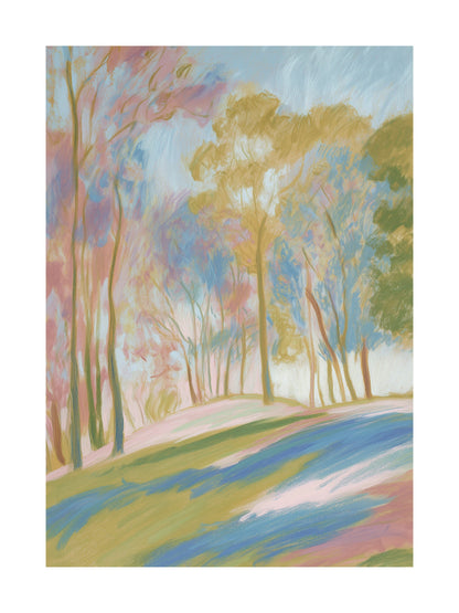 Pastel forest with golden trees and soft shadows