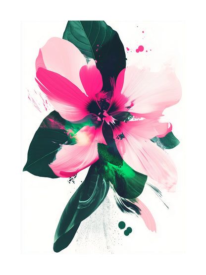 Poster of a vibrant pink hibiscus flower with green leaves, ideal for botanical wall art