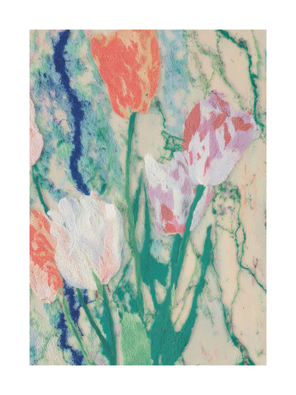 Textured tulip flowers on marbled background in pastel tones