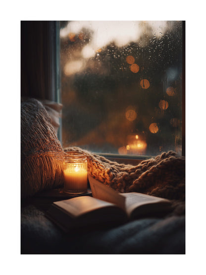 Poster of cozy reading nook with candlelight by a rainy window