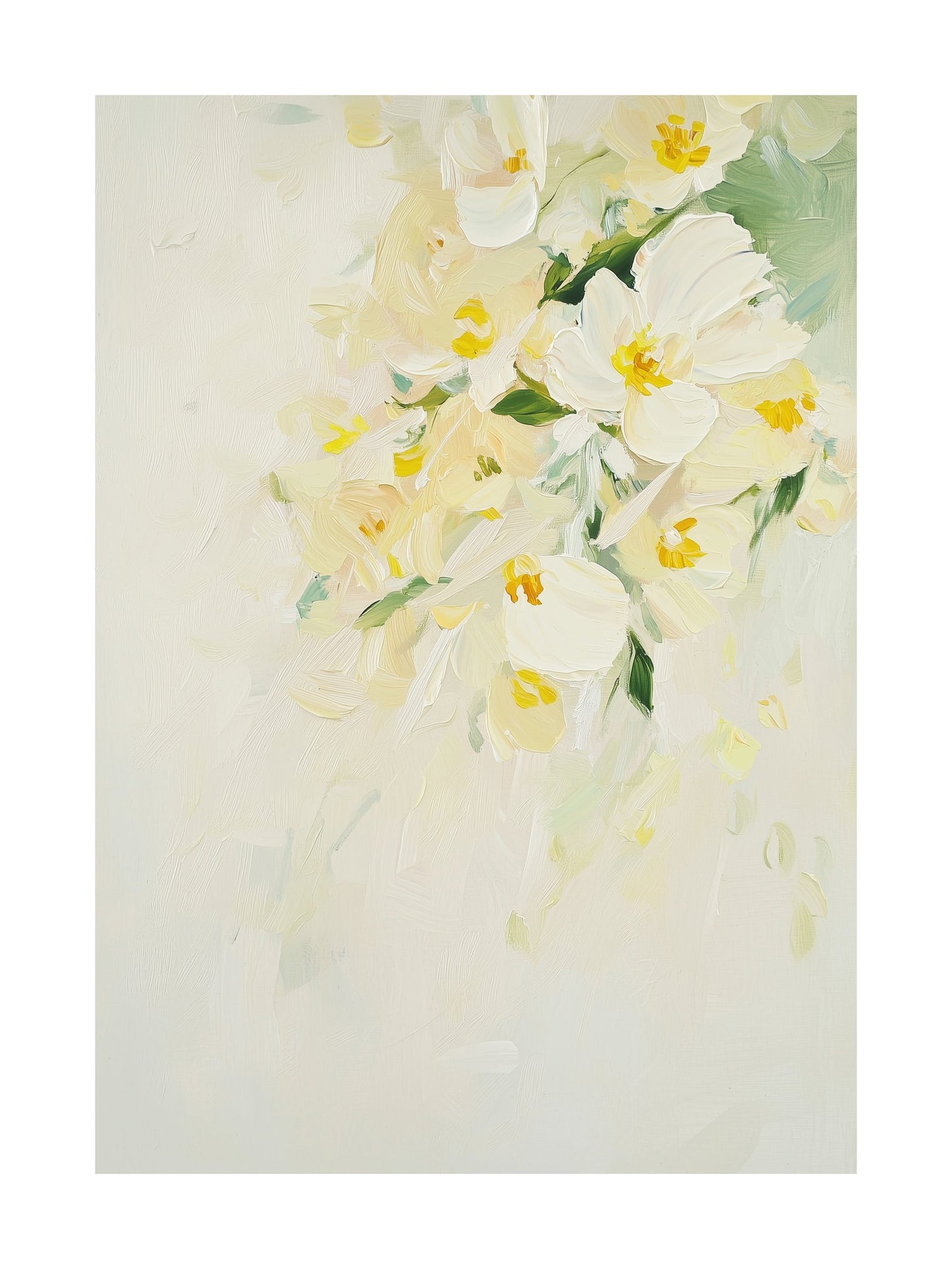 Light floral abstract poster with soft petals and vines in pastel tones