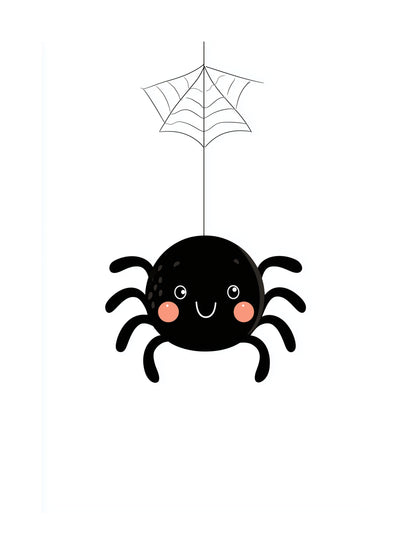 Poster of a smiling cartoon spider hanging from a web